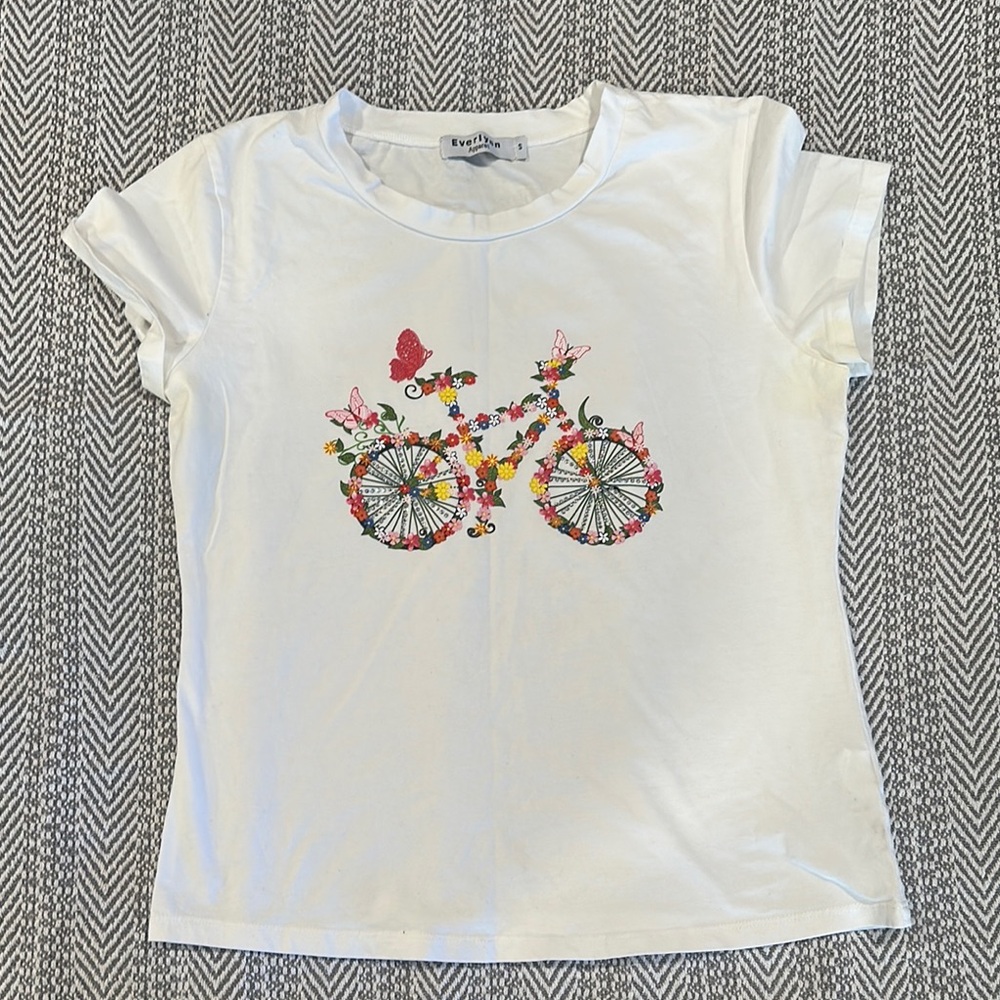White Kids T-Shirt with Floral Bicycle Design